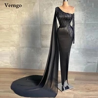 verngo modern black one shoulder satin evening dress long cape sleeves handmade beading sheath front slit prom dress formal gown