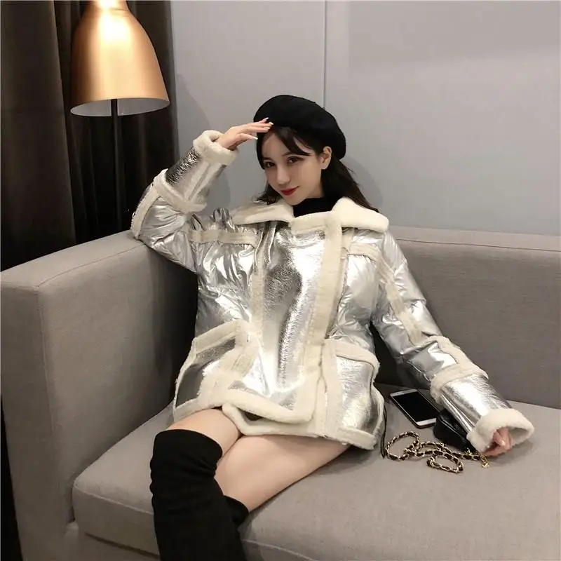 Зима 2019 высокое качество воротник с лацканами длинный рукав серебряное пальто