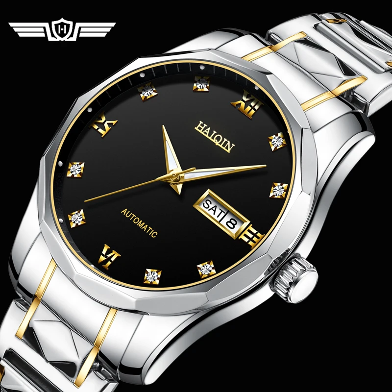 

HAIQIN Men's watches Simple Luxury brand Diamond automatic watch men Gold mechanical wrist watch for men waterproof Clock 2020