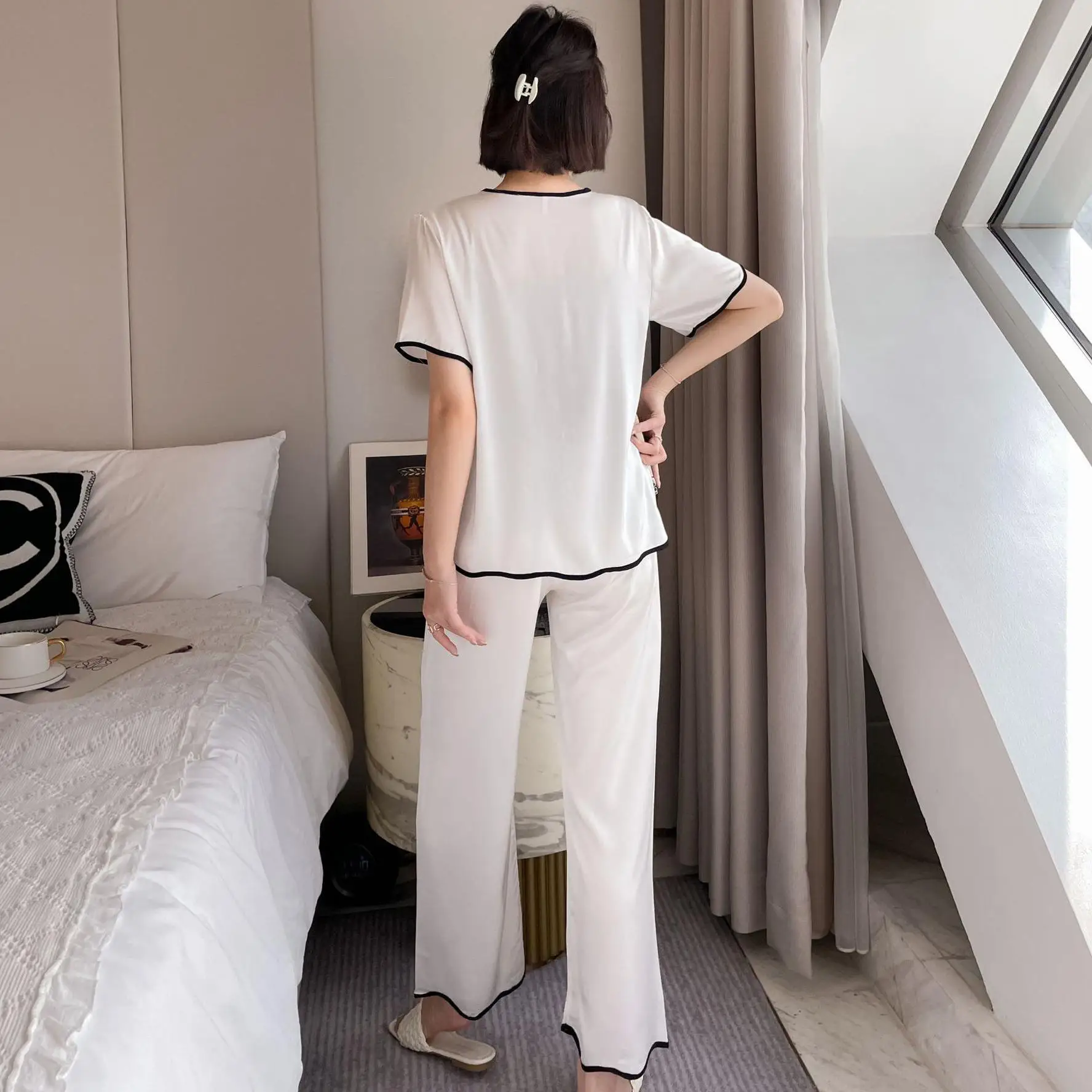 

Women Satin Nightwear Novelty Short Sleeve Home Clothing Pink 2PCS Pajamas Suit Button-down Sleepwear V-Neck Sleep Set