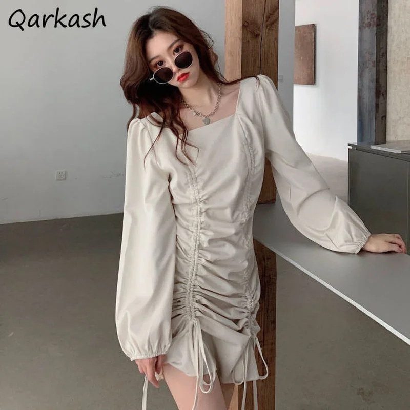 

Mini Dress Women Pure Color Shirring Retro Streetwear Stylish Ulzzang Spring Design Ladies Popular Leisure Vestidos Mujer Soft