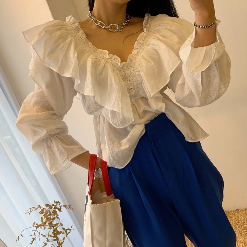 WHITNEY WANG Blouses 2020 Spring Fashion Streetwear Sweet Ruffles Plaid Blouse Women Blusas Lady Shirt Top | Женская одежда