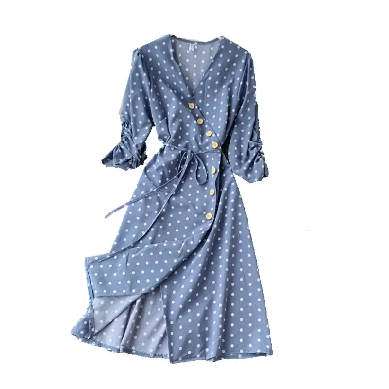 

New Fashion Women One Piece Frenulum Chiffon Dress 2019 Autumn V Neck Single Breasted Medium Long Slim Ladies Party Dresses