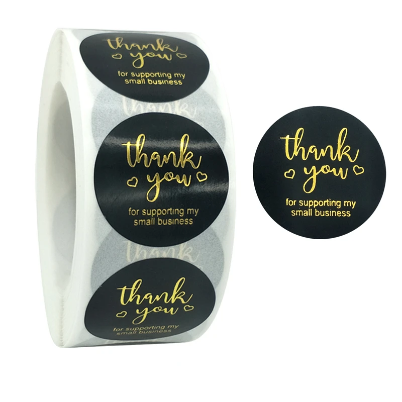 

2021 1 inch 500 pieces /roll, thank you bronzing silver font black label, baking gift card, gift packaging sealing sticker