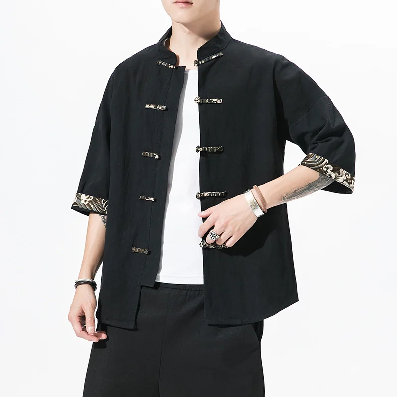 

Chinese Traditional Costumes for Men Cardigan Tops Vintage Style Tang Suits Solid Color Loose Casual Cotton Linen Tops Summer