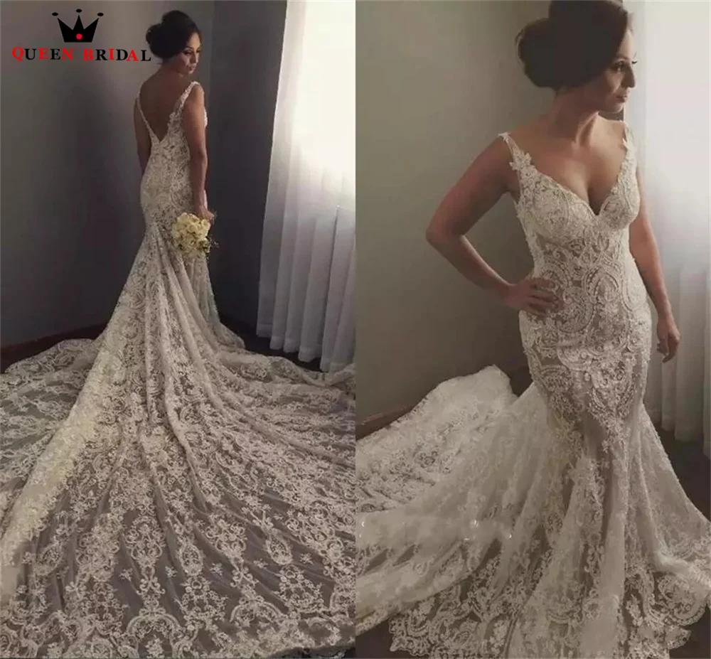 

Mermaid V-neck Open Back Tulle Lace Appliques Vintage Formal Sexy Wedding Dresses Women Bride Gowns Custom Size SK87