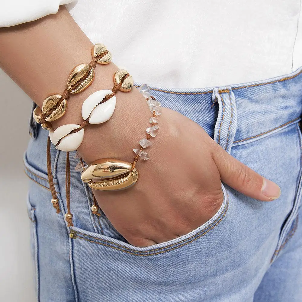 Женский пляжный браслет цепочка регулируемый золотистого и серебристого цвета