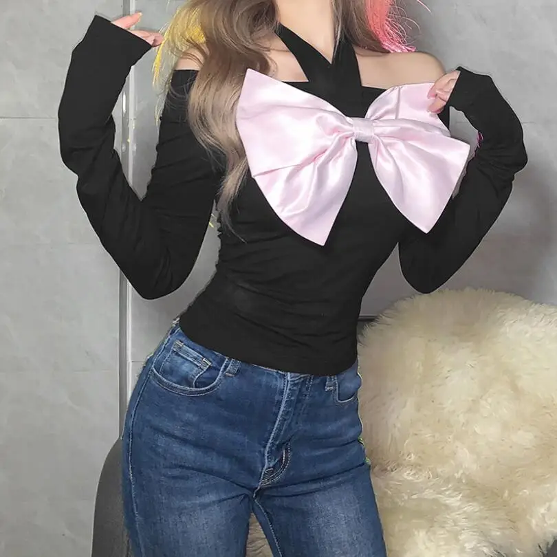 

Y2K T-shirt Women Slim Fashion Bow One word collar Long Sleeve Tops Casual Halter T Shirt Camisetas De Mujer 2022 Spring w65