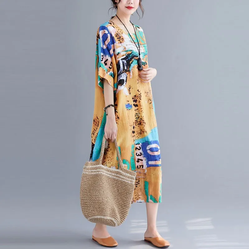 

Oversized Women Cotton Linen Long Dress New Arrival 2021 Summer Vintage Style O-neck Print Female Loose Casual Dresses S3352
