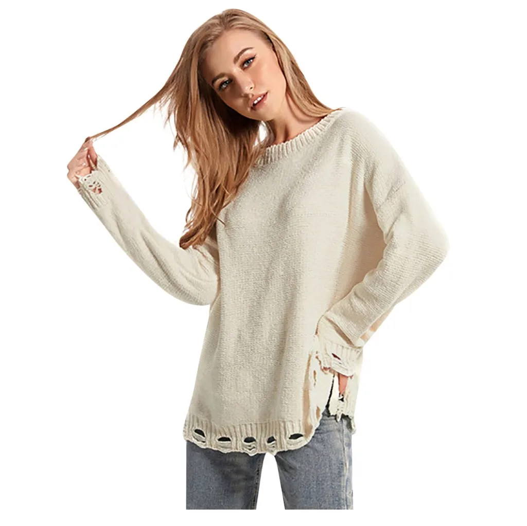 Женский свободный вязаный свитер однотонный пуловер с круглым вырезом и длинным