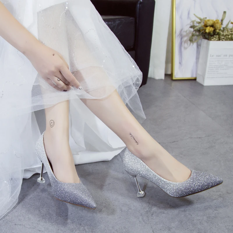 

Fashion Women Shoes High-heeled Shallow Mouth Pointed Gradient Sequins Sexy High Heels Single Shoes Wedding Shoes W32-23