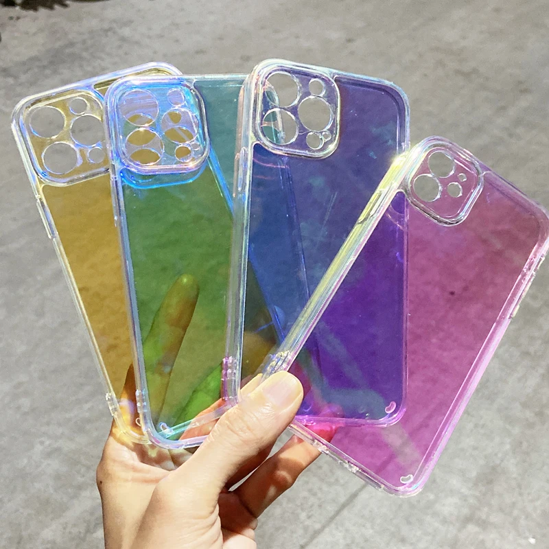 

Luxury Rainbow Holographic Laser Phone Case For iPhone 13 12 11 ProMax XS XR Max 7 8 Plus Colorful Mirror Transparent Back Cover