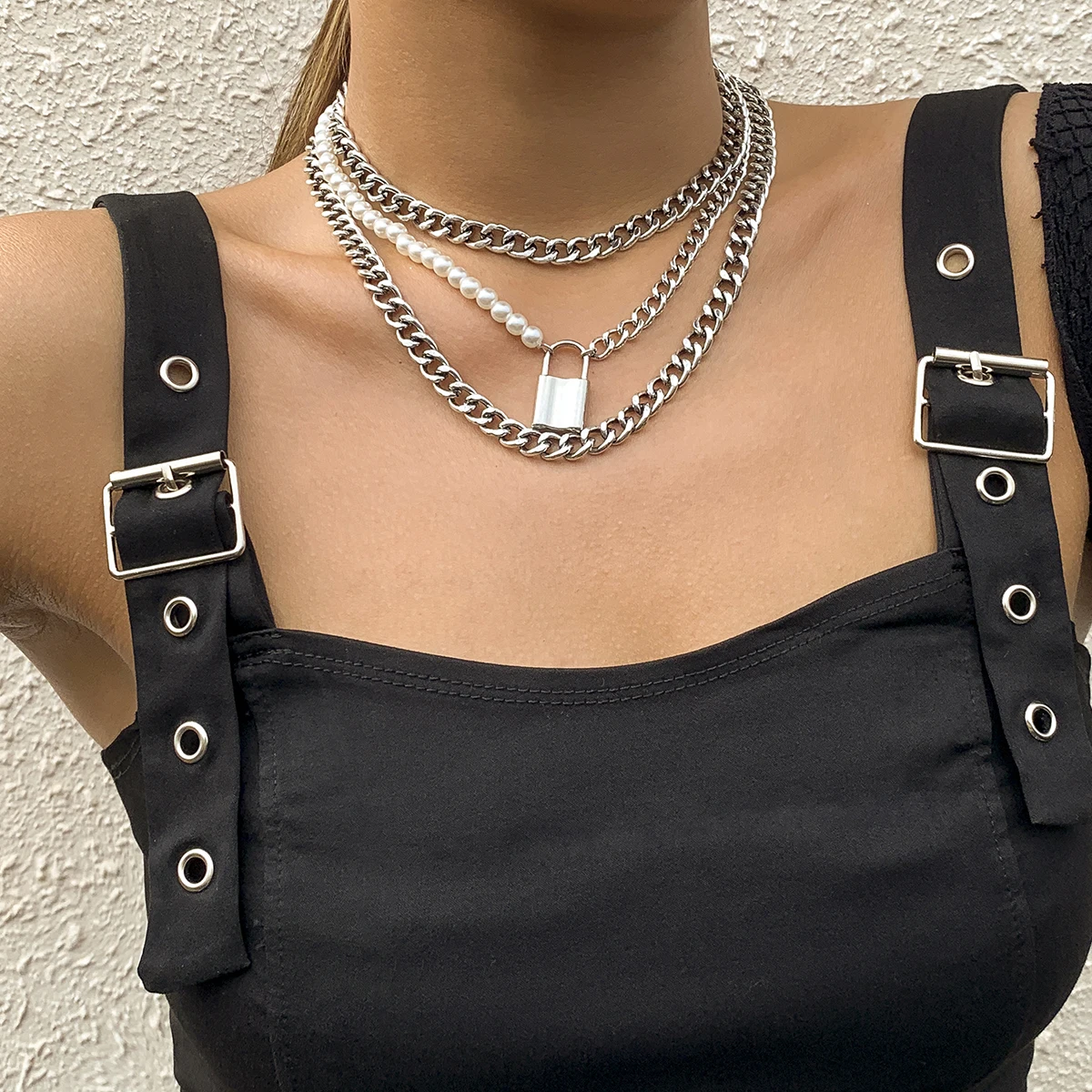 

Lacteo 3Pc/Set Neo Gothic Silver Color Lock Pendant Necklace For Women Men Hip Hop Imitation Pearl Chain Choker Necklace Jewelry