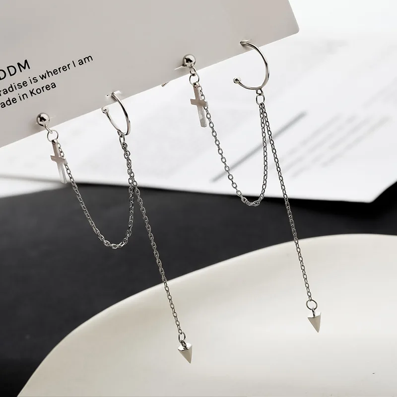 Серьги-подвески с серебряным крестом и длинной цепочкой, 925, Индивидуальные женские серьги в стиле хип-хоп с кисточками и Шило, серьги на застежке, модные ювелирные изделия