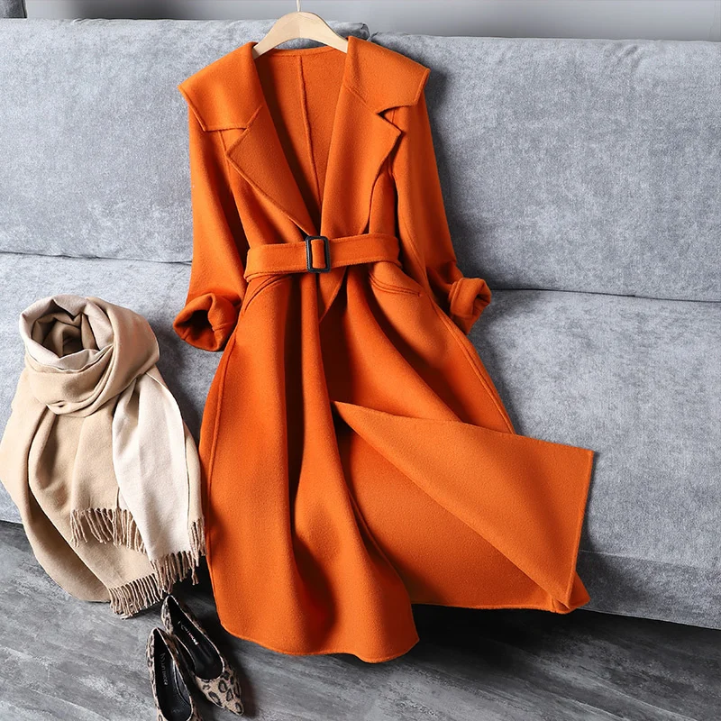 

Medium Length Over Knee Cashmere Overcoat Women's Hepburn Style Lace Up Bathrobe High End Foreign Double Faced Wool Overcoa