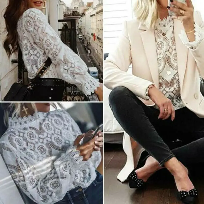 Женская кружевная блузка с длинным рукавом элегантная офисная цветочной