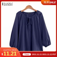 casual drawstring o neck blusa womens 2021 summer blouses zanzea solid puff sleeve tops female vintage cotton shirt oversize