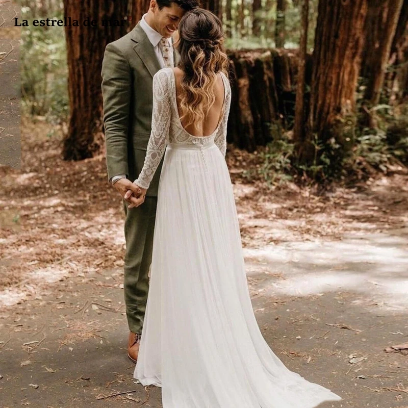 Пляжное богемное свадебное платье с открытой спиной и длинным рукавом свадебные