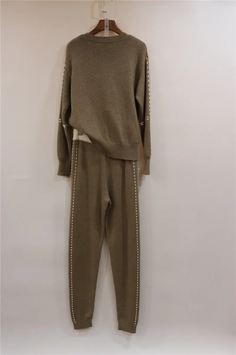 

New Cashmere Knitted Suits Female Fashion Hit Color Warm Sweaters And Casual Pants 2020 Rushed O-neck Winter Women Two-piece