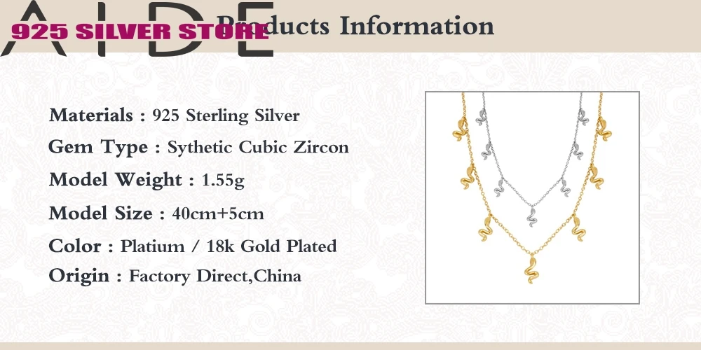 

Aide 925 Sterling Silver Gold Chain Snake Pendant Necklace for Women Girls Collier Bijoux Femme 2020 Boho Jewelry Birthday Gift