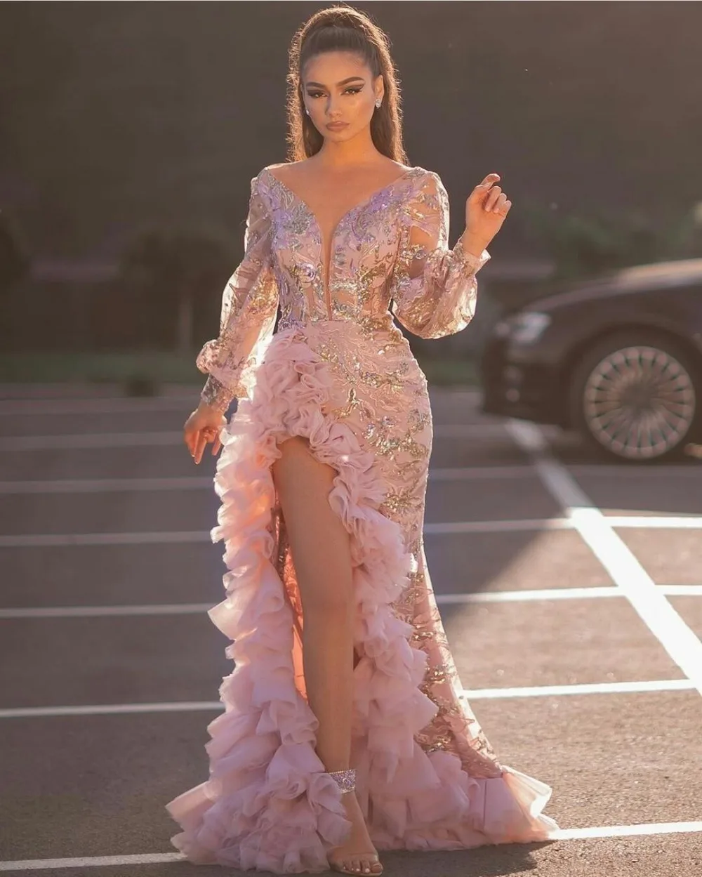 Женское платье с юбкой годе Aso Ebi розовое кружевное длинными рукавами разрезом