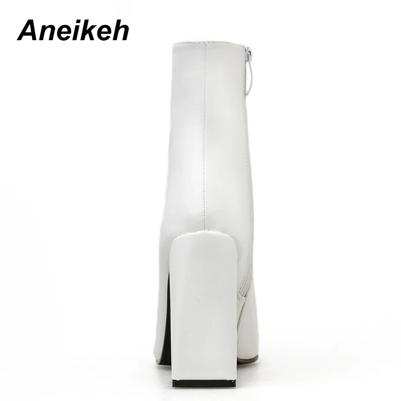 Aneikeh; Новинка года; выразительные женские ботинки из искусственной кожи; однотонные туфли на молнии с острым носком; танцевальные свадебные ботильоны на высоком квадратном каблуке; Цвет белый; Размеры 35-40