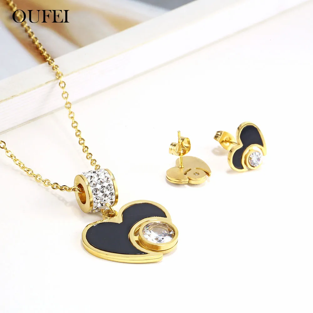 Женский комплект из колье и серёг OUFEI черный кулон в виде сердца нержавеющей