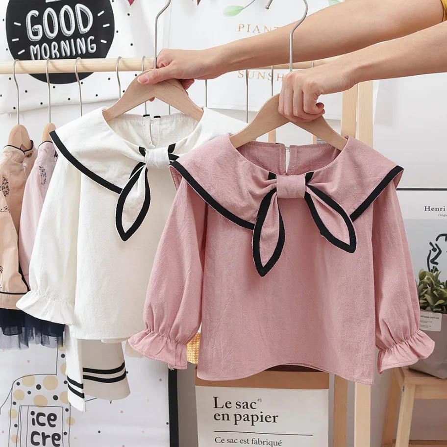 

Fashion Baby Girls Shirts Tops For Summer Autumn Navy Lapel Full Sleeve Kids Shirt Children Cotton School Girl Newborn Blouse