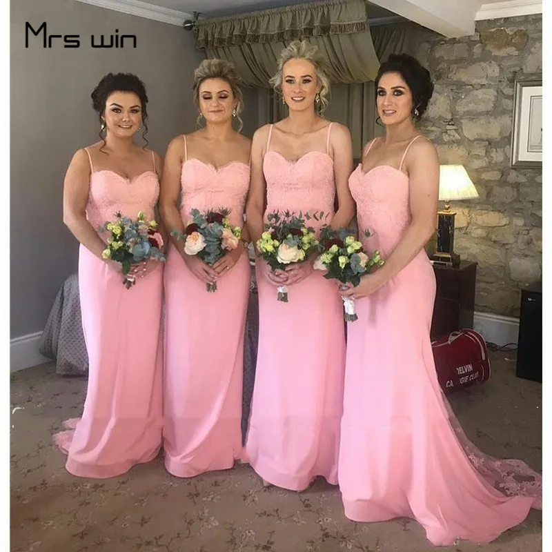 

Mrs win Bridesmaid Dress Bohemia Pink Corset Back Spaghetti Strap Vestido Madrinha HR339 Mermaid Long Wedding Guest Dresses 2020