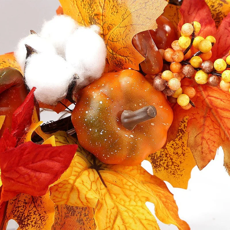 

Pumpkin Maple Leaf Pine Cone Kapok Front Door Autumn Harvest Decoration Indoor and Outdoor (Warm Light)