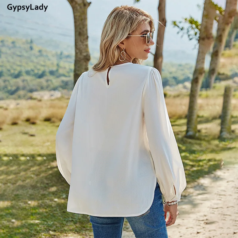 

GypsyLady Lace Hollow Out Vintage Blouse Shirt Spring White Long Sleeve V-neck Sheer Sexy Blouse Women Casual Chic Top Shirt