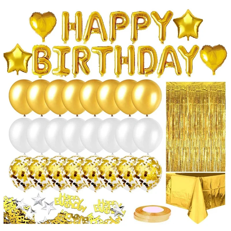 

Gold Birthday Party Decoration Happy Birthday Banner Balloons Fringe Curtain Foil Tablecloth Heart Star Foil Balloons