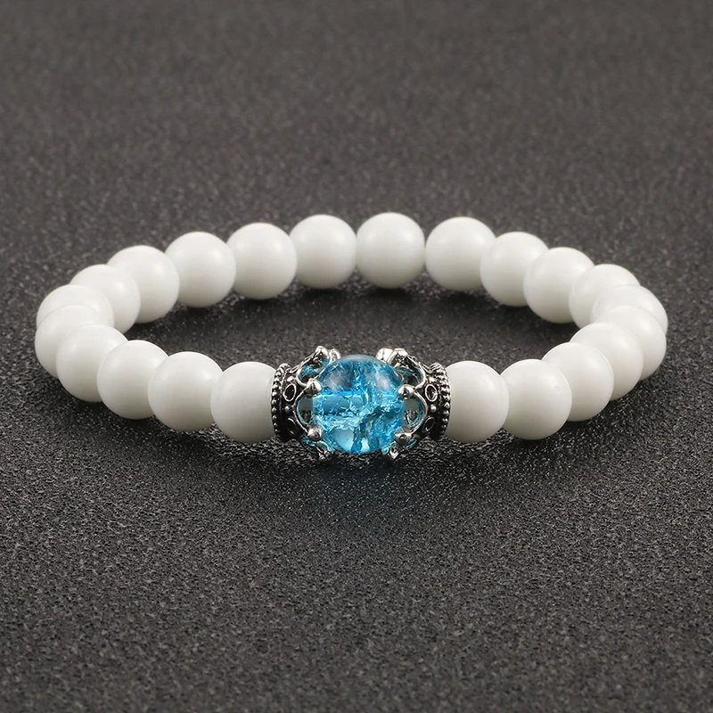 

Charm White Stone Crown Beads Bracelets Men Women Handmade Braided Adjustable Bracelet Vintage Strench Yoga Jewelry Pulseira 8mm