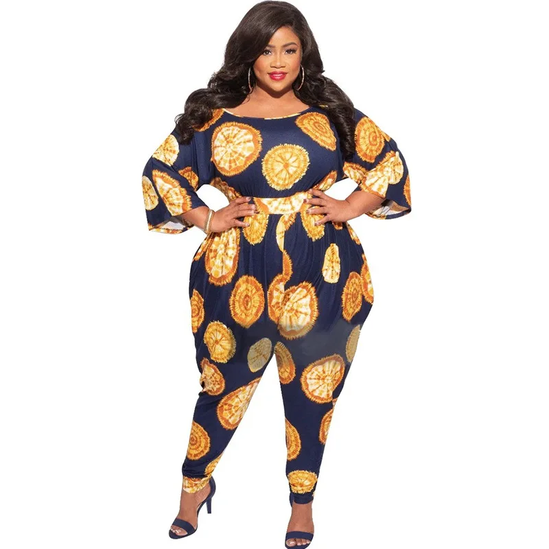 

Plus Size Printing Women O-neck Casual Jumpsuits Hot Selling Lady's O-neck High Elastic Long Sleeve Harem Rompers 2021 Spring
