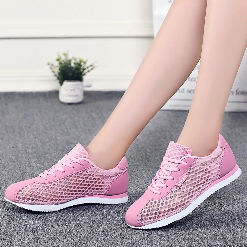 Fashion Pink Hollow Out Mesh Women Sneakers Summer Comfortable Cheap Sports Shoes Women Lace up Lightweight Running Sport Shoes