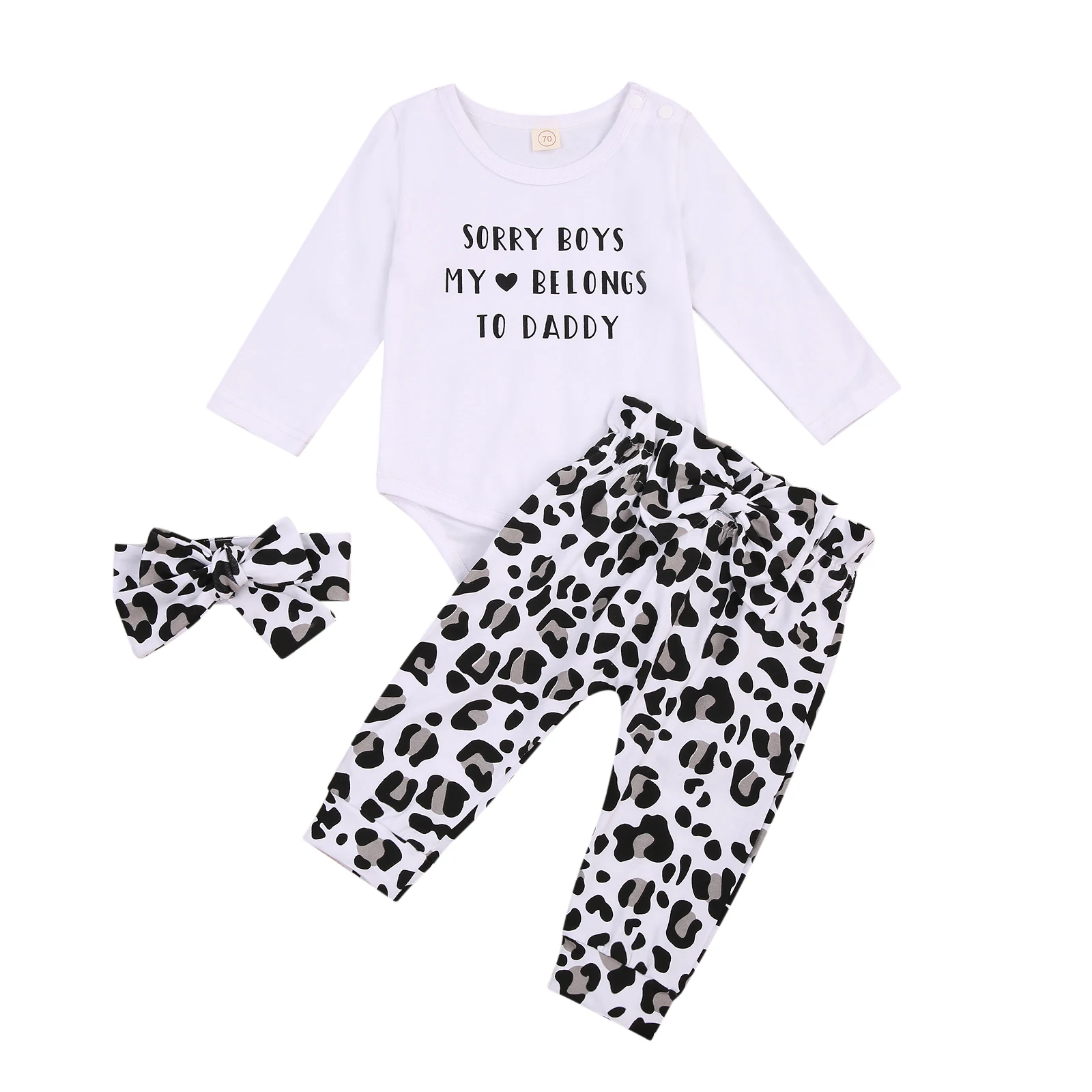 

OPPERIAYA Newborn Baby Girls 3-piece autumn casual Outfit Set Long Sleeve Letter Print Bodysuit Leopard Pants Headband Set