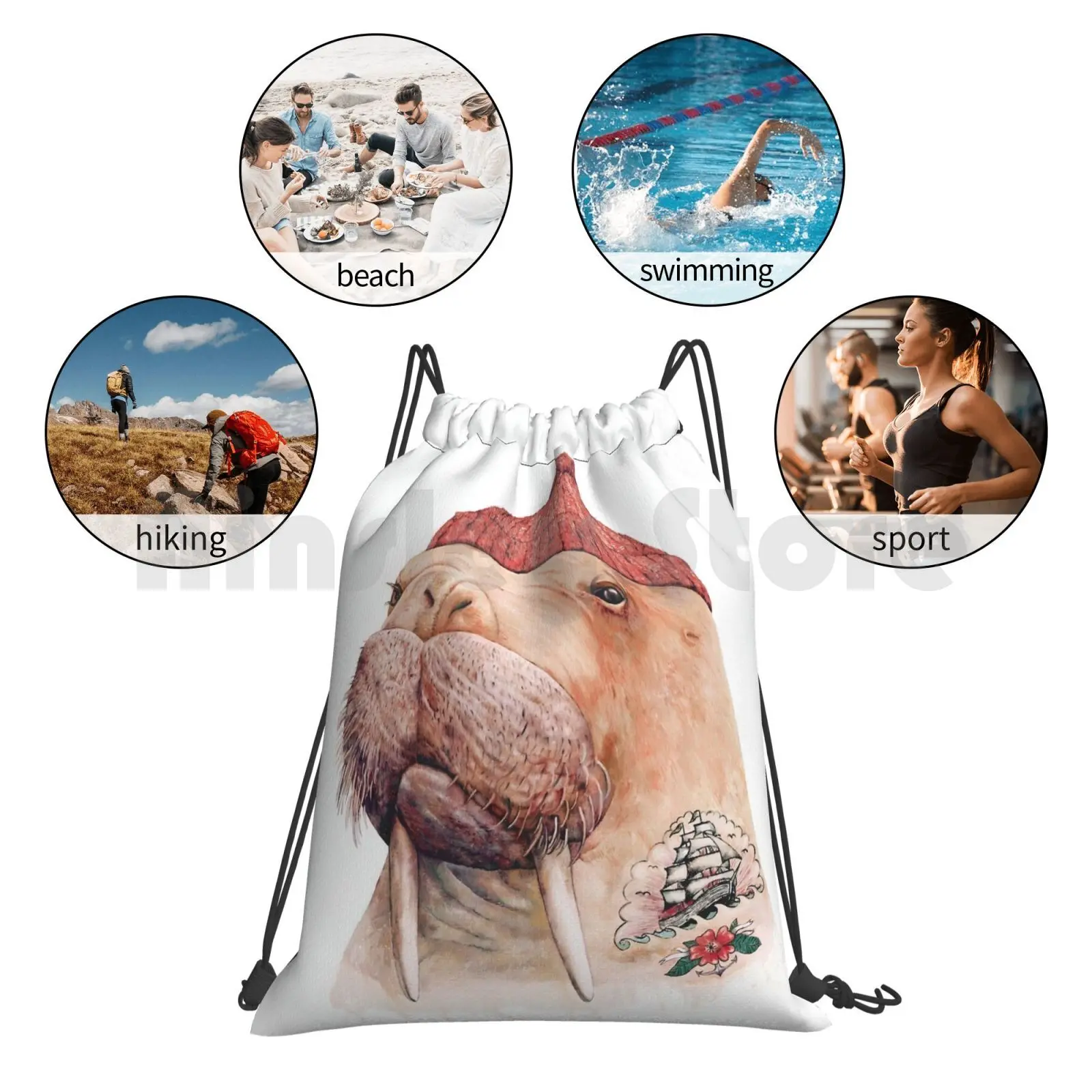 

Tattooed Walrus ( Red ) Backpack Drawstring Bag Riding Climbing Gym Bag Tattoo Tattooed Walrus Sailor Sea Animal Awesome