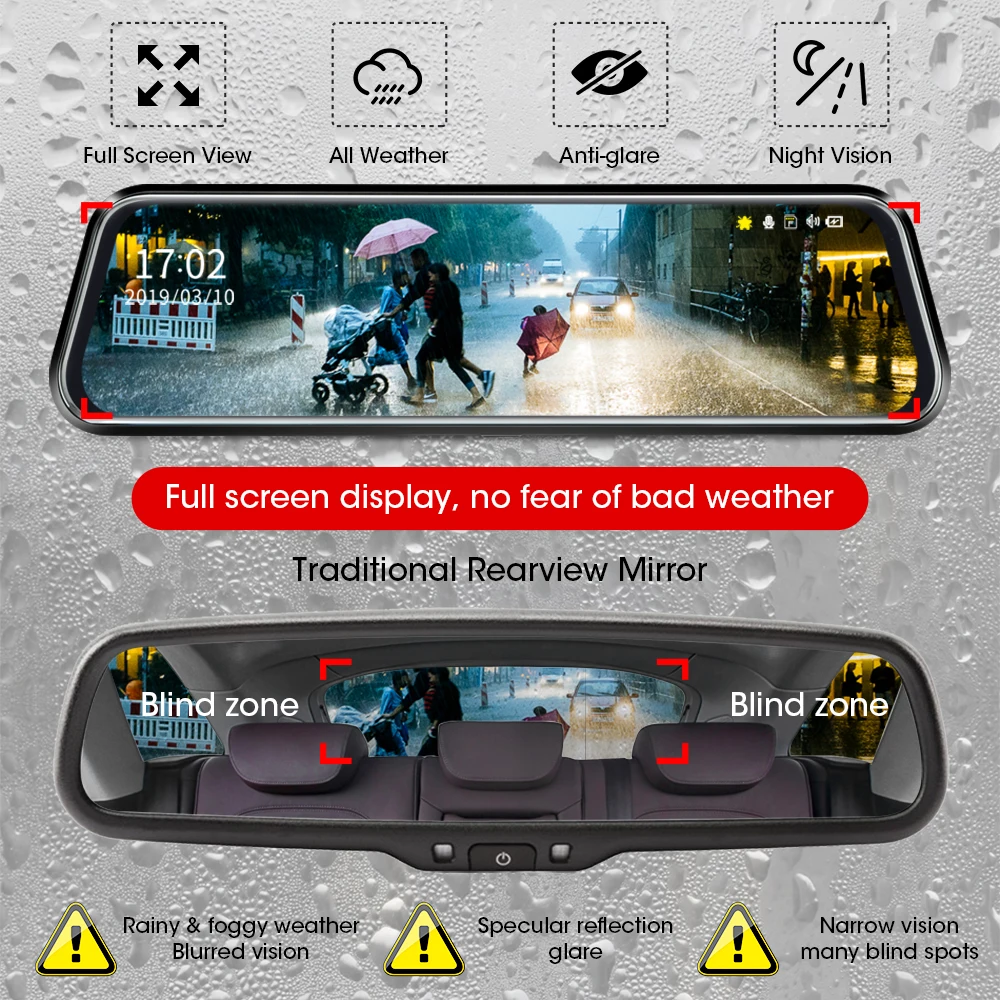 

10" Car DVR Touch IPS Screen Stream Media 1080P Dual Camera Auto Video Recorder Rearview Mirror Backup Parking Monitoring System