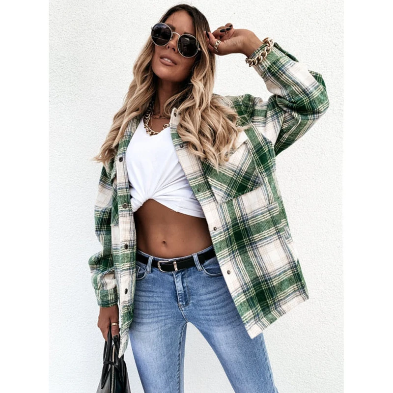 

Plaid Shirts Women Blouses Lapel Full Sleeve Oversized Jackets Women 2021 Autumn Casual Outerwear Vintage Blouses Female LD1904