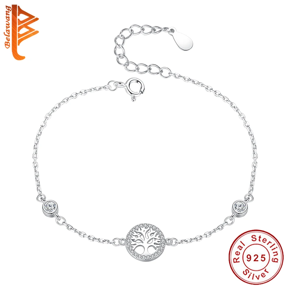 

BELAWANG Wedding Jewelry Gift 925 Sterling Silver Famiry Tree Bracelet Clear AAA Zircon Charm Bracelet For Women Girls Jewelry