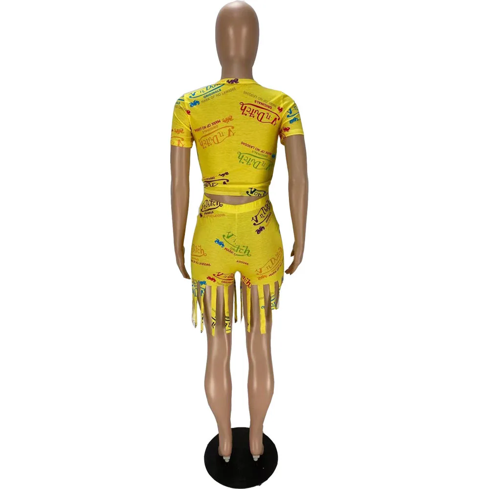 

Fashion Letter Print Clothes Set for Women 2021 New Short Sleeve O-neck Knot Cropped Tops High Waist Shorts with Tassels