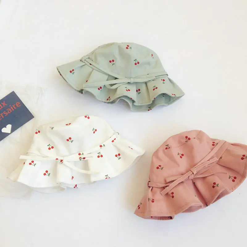 

Summer Baby Girls Bucket Hat Cute Cherry Fruit Print Bow Wide Brim Panama Hats Soft Cotton Outdoor Kids Sun Cap