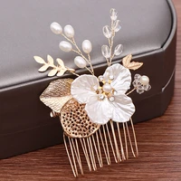 gold color leaf hair comb hair accessories tiara for bride handmade pearl hairclips wedding hair jewelry bridal headpiece