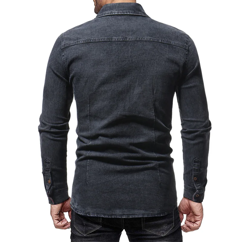 Джинсовая рубашка мужская повседневная приталенная с длинными рукавами 2019