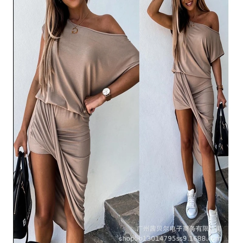 

Mandylandy Dress Summer Sexy Solid Color Short Sleeve O-Neck Off-Shoulder Dress Women's Casual Loose Pleated Irregular Dress