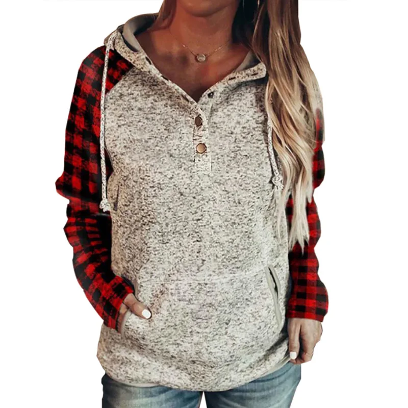 Fall Winter Hoodie Women Causal Plaid Sleeve Pockets Button Sweatshirts New Sport Oversized Harajuku Hoodies Big Size Clothes