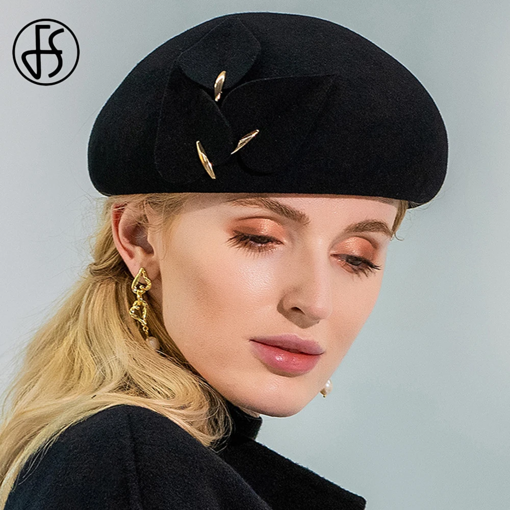 

FS 2021 Women Girl Metal Petals Beret Cap British France Wool Felt Winter Hat Berets Hats Elegant Lady Church Party Caps Black