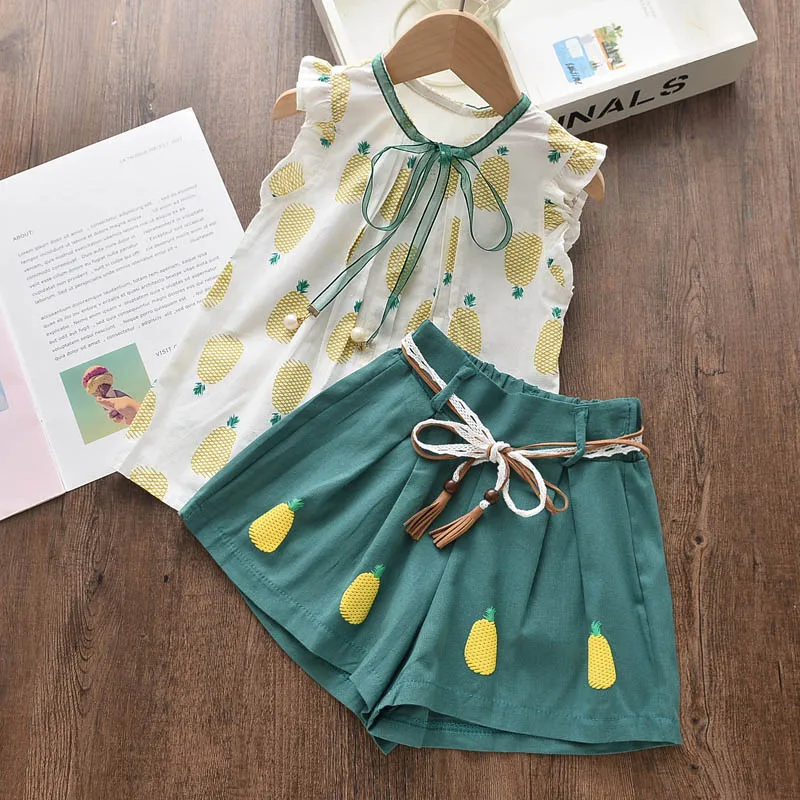 

Keelorn Kids Clothing Sets Summer New Fashion Girls Outfits Fruits Print Tops with Silk Bow-knot Cute Shorts Pearl Costumes