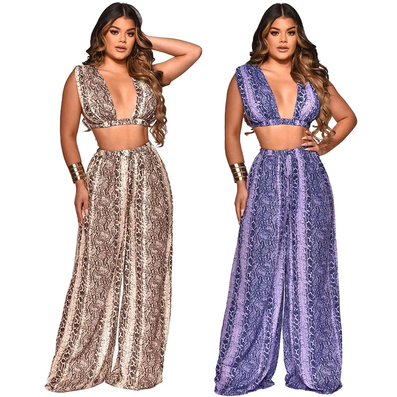 

2021 summer new fashion sexy snake print two-piece suit casual V-neck sleeveless vest and wide-leg pants ladies suit