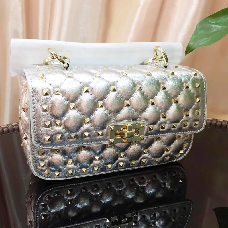 silvery Натуральная овечья кожа; женские сумки из натуральной кожи высокого качества с заклепками на цепочке Женская сумочка на плечо сумка роскошный известный бренд мужской кошелек - Цвет: silvery